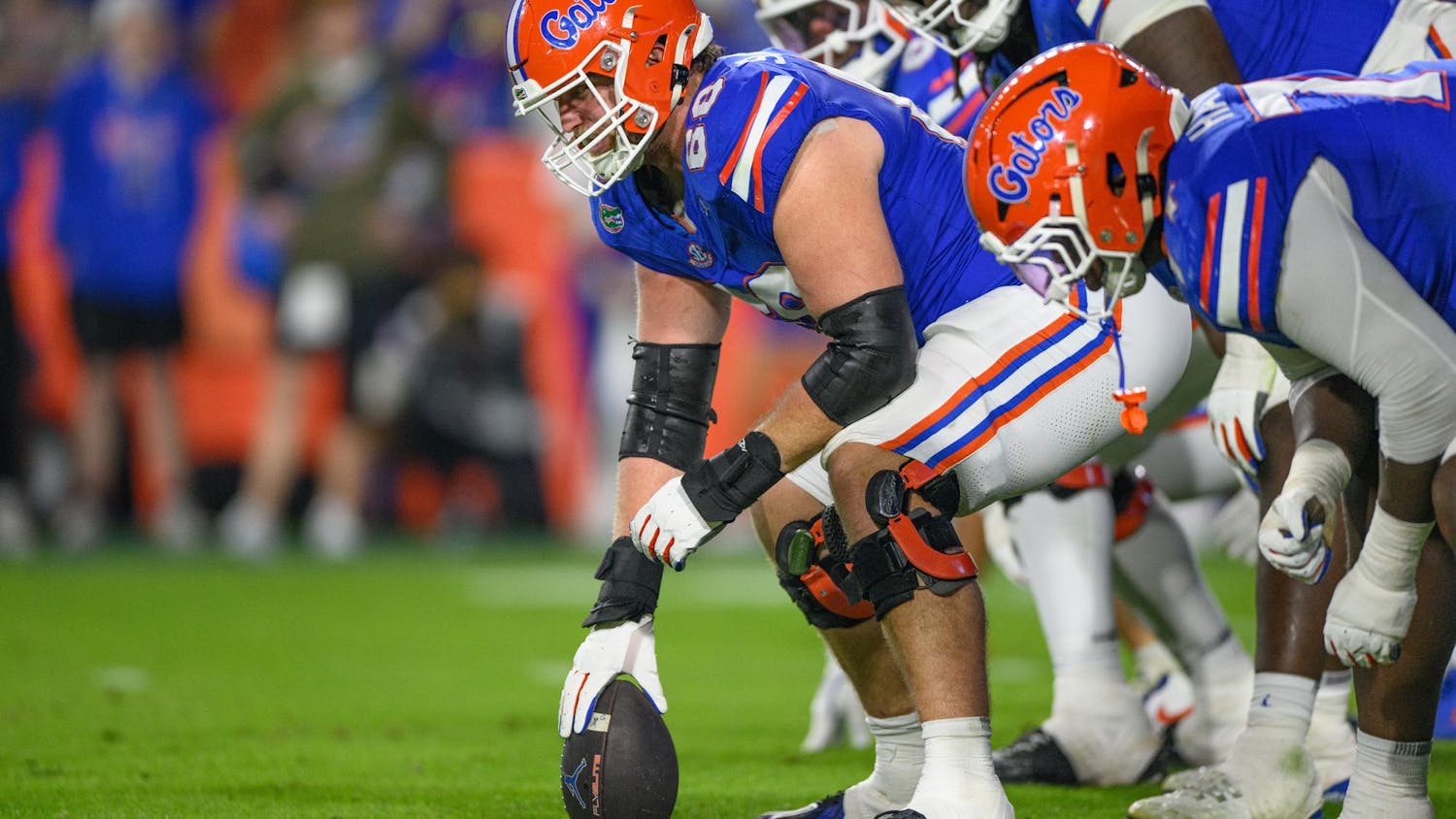 Florida offensive lineman Jake Slaughter (66) prepares to snap the ball during the second half of an NCAA college football game against Tennessee, Saturday, Nov. 22, 2025, in Gainesville, Fla.