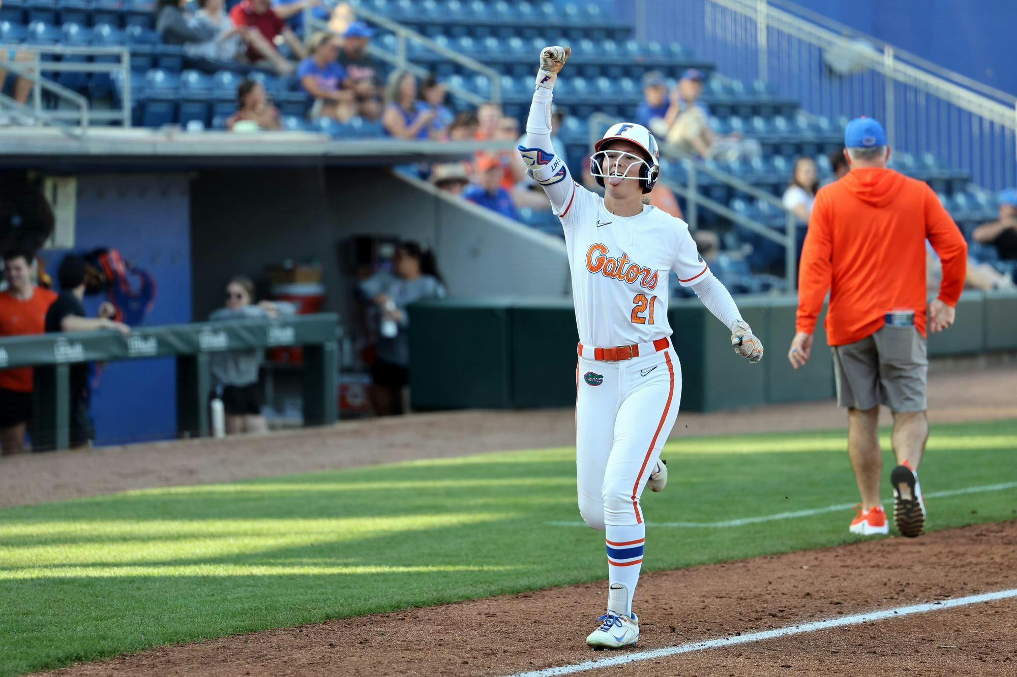 Florida outfielder Taylor Shumaker (21) celebrates after scoring her second home run of the game against Longwood at Katie Seashole Pressly Stadium in Gainesville, Fla., on Friday, Feb. 20, 2025.