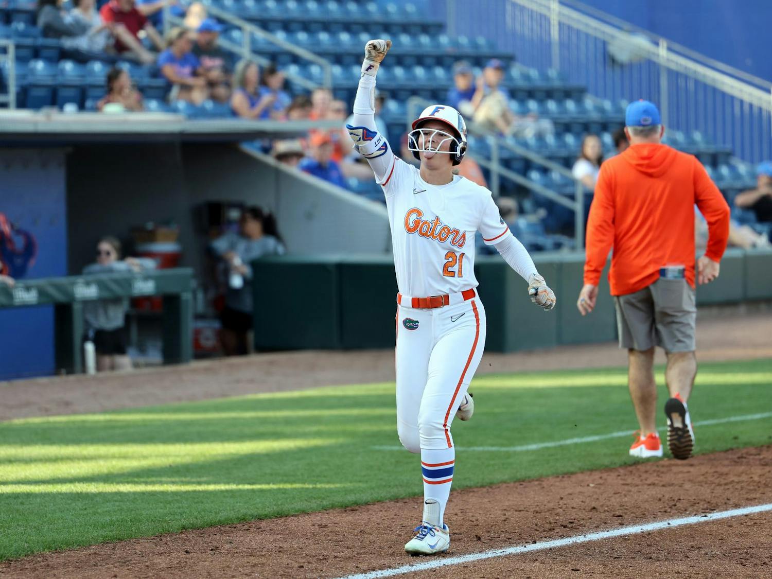 Florida outfielder Taylor Shumaker (21) celebrates after scoring her second home run of the game against Longwood at Katie Seashole Pressly Stadium in Gainesville, Fla., on Friday, Feb. 20, 2025.