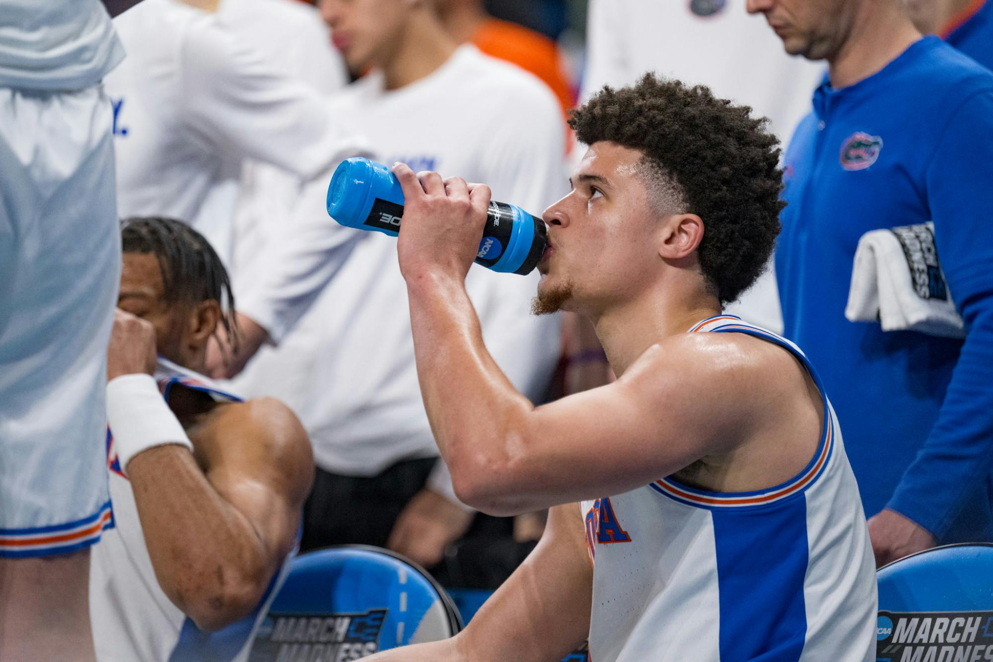 Florida Gators guard Walter Clayton Jr. (1) drinks water during a timeout in a basketball game against UConn in the second round of the NCAA Tournament on Sunday, March 23, 2025, in Raleigh, N.C.
