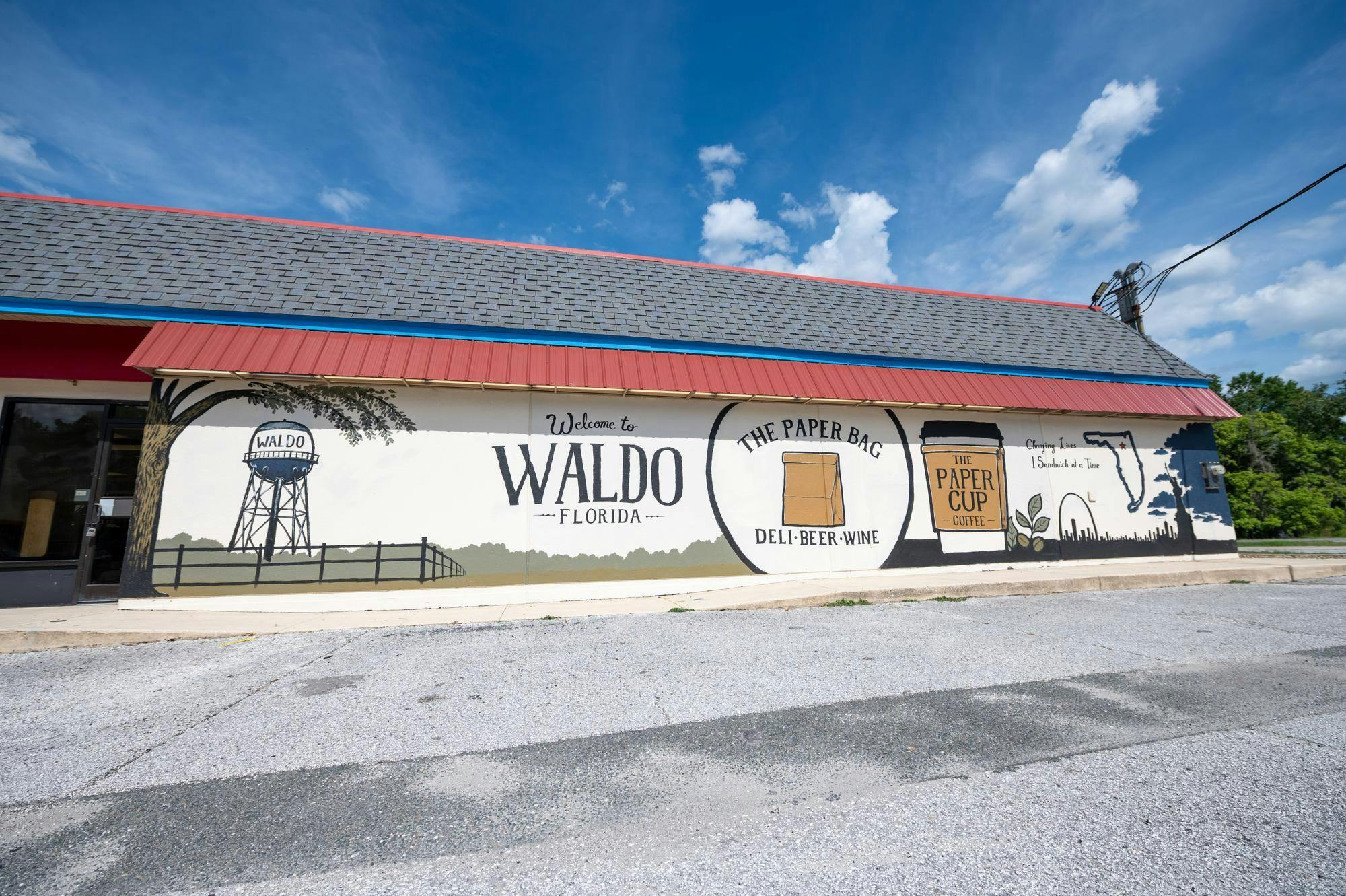 A mural on the wall of the new location for The Paper Bag Deli, Saturday, June 6, 2026, in Waldo, Fla.