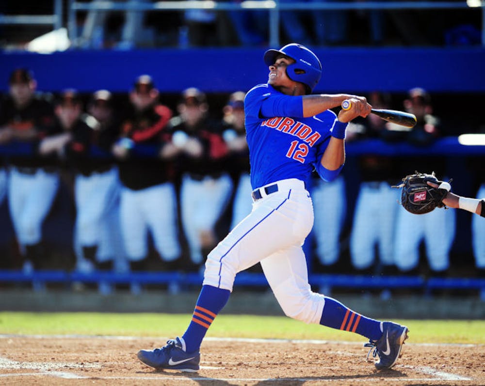 <p>Richie Martin hits during Florida’s 9-7 loss to Maryland on Saturday at McKethan Stadium. Martin leads the team with a .455 batting average after the Gators’ three-game, season-opening series win.</p>