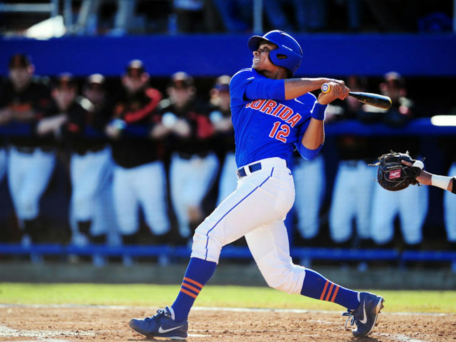 Richie Martin hits during Florida’s 9-7 loss to Maryland on Saturday at McKethan Stadium. Martin leads the team with a .455 batting average after the Gators’ three-game, season-opening series win.