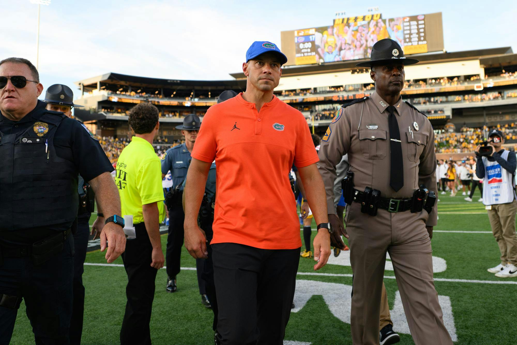 Florida head coach Jon Sumrall walks off the field after losing an NCAA college football game against Missouri, Saturday, Oct. 3, 2026, in Columbia, Mo.