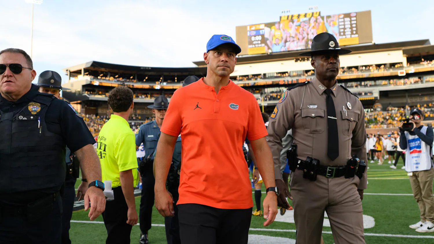 Florida head coach Jon Sumrall walks off the field after losing an NCAA college football game against Missouri, Saturday, Oct. 3, 2026, in Columbia, Mo.