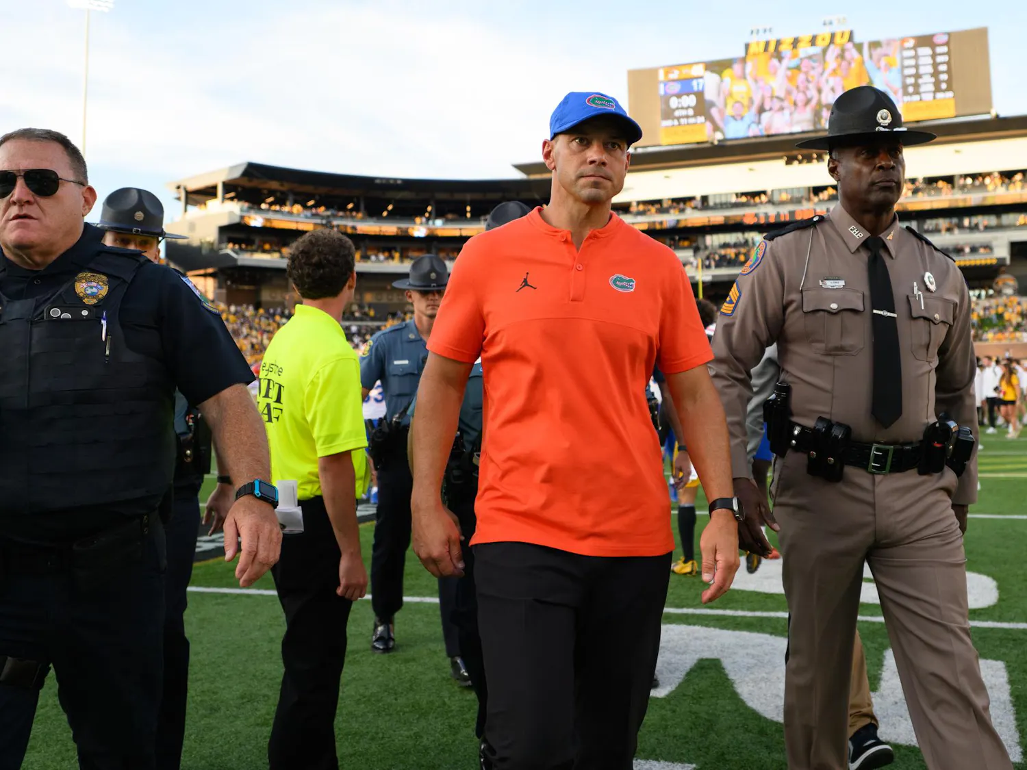Florida head coach Jon Sumrall walks off the field after losing an NCAA college football game against Missouri, Saturday, Oct. 3, 2026, in Columbia, Mo.