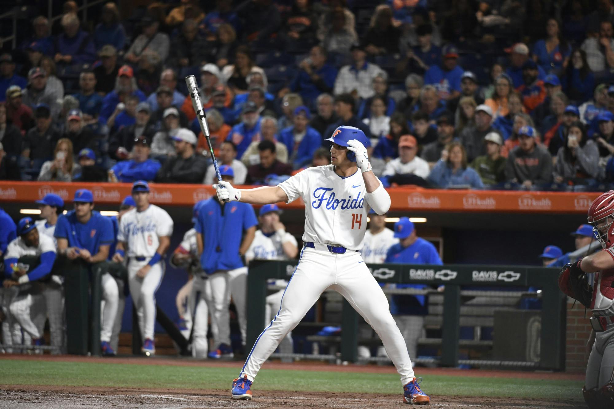 Florida baseball first baseman Jac Caglianone stares the pitcher down in the team's opening night loss to St. John's University on Friday, February 16, 2024. 