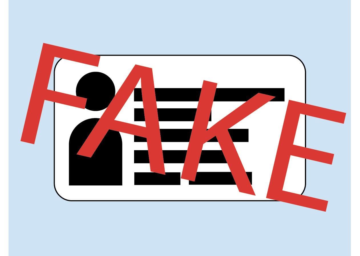 An illustration depicting a fake identification card with the word &quot;FAKE&quot; stamped across it in red. The image represents concerns over fraudulent IDs and identity verification.