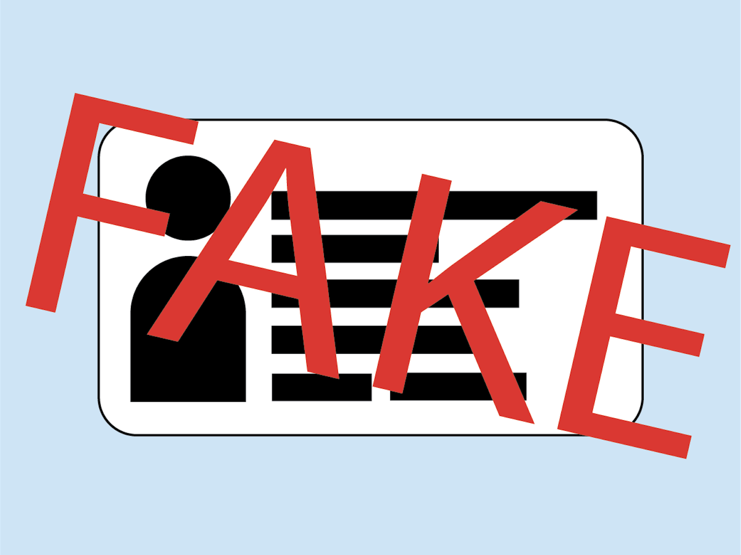 An illustration depicting a fake identification card with the word "FAKE" stamped across it in red. The image represents concerns over fraudulent IDs and identity verification.