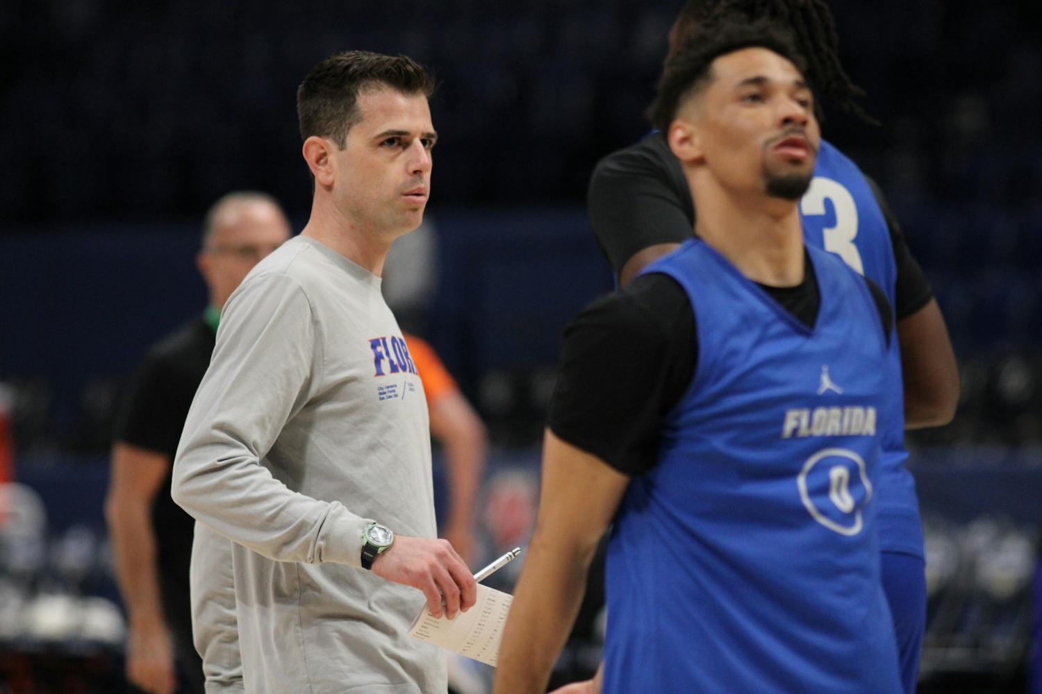 Florida head coach Todd Golden coaches the Gators' men's basketball team during a practice the day before its Southeastern Conference tournament game Wednesday, March 8, 2023.