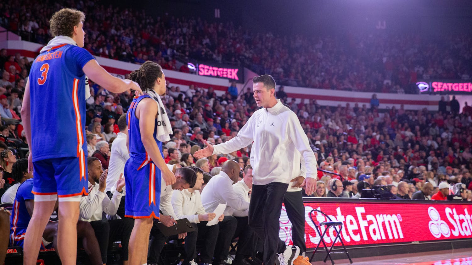 Florida men's basketball head coach Todd Golden shows emotion on the bench during the team's game at the University of Georgia on Saturday, February 17, 2024. 