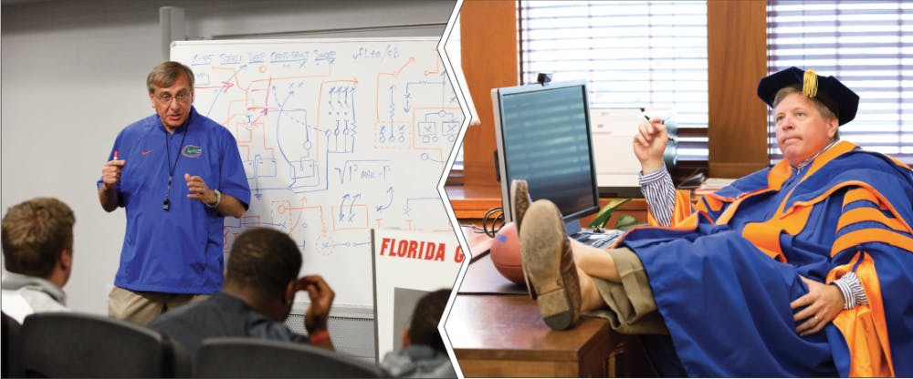 Now football coach Kent Fuchs teaches the revamped plays to the Gators. “Take the hurry-up offense,” he said during the session. “Why is everyone in such a hurry?”President Jim McElwain reflects on changes he wants to make to on-campus parking.