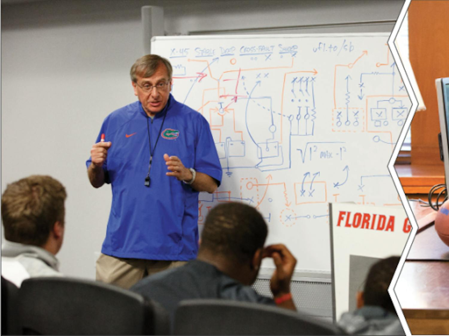 Now football coach Kent Fuchs teaches the revamped plays to the Gators. “Take the hurry-up offense,” he said during the session. “Why is everyone in such a hurry?”President Jim McElwain reflects on changes he wants to make to on-campus parking.