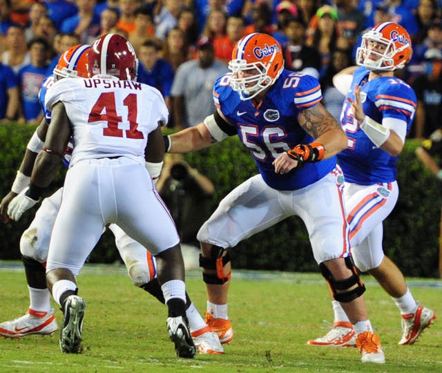 
Florida senior offensive lineman Dan Wenger (56) will not play Saturday against Furman after suffering an injury to his ankle during last week’s loss.
