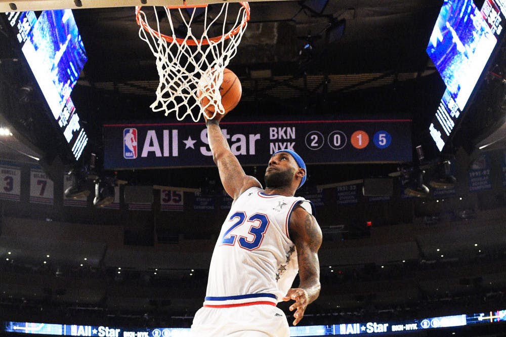 East Team’s LeBron James, of the Cleveland Cavaliers, goes up for a basket during the second half of NBA All-Star basketball game on Sunday in New York.
