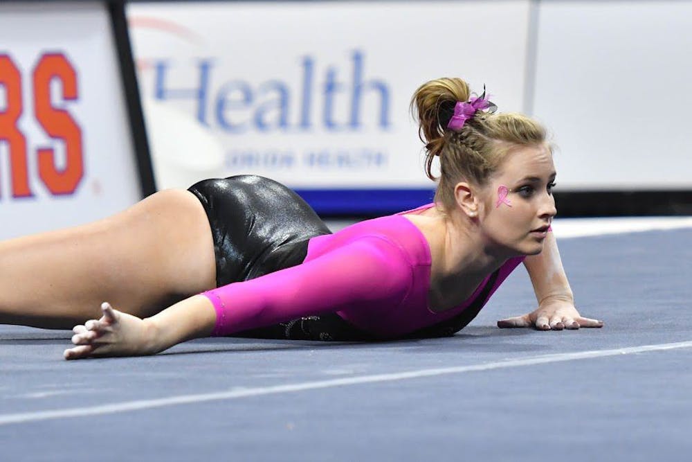 <p>UF gymnast Claire Boyce performs a routine during Florida's win over Auburn on Jan. 27, 2017, in the O'Connell Center.</p>