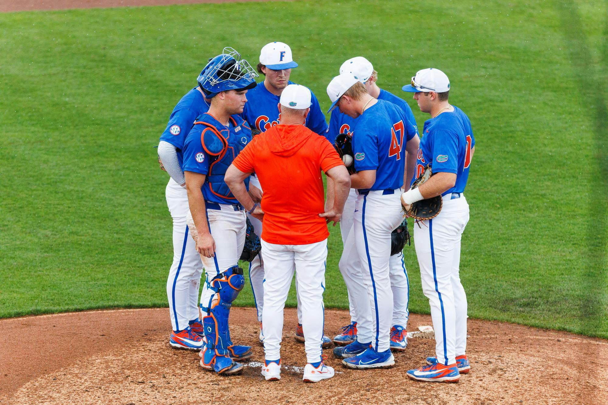 Florida Gators Head Coach Kevin O'Sullivan visits the mound during an NCAA Baseball game against High Point, Saturday, March 7, 2026, in Gainesville, Fla.