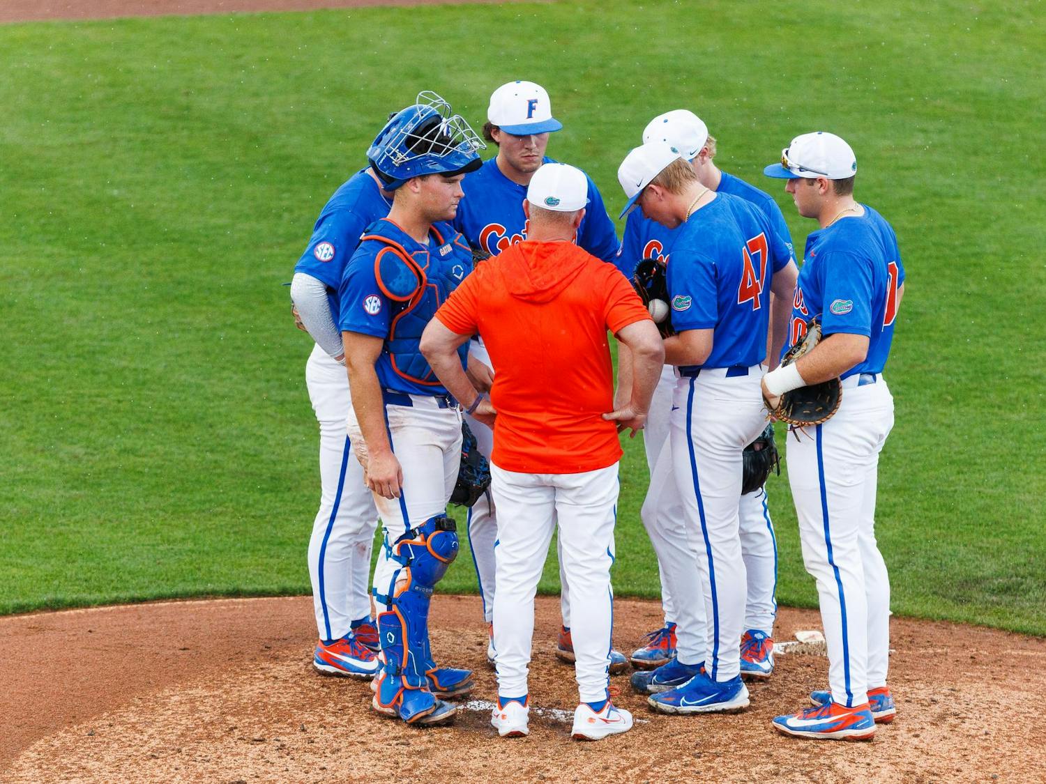 Florida Gators Head Coach Kevin O'Sullivan visits the mound during an NCAA Baseball game against High Point, Saturday, March 7, 2026, in Gainesville, Fla.