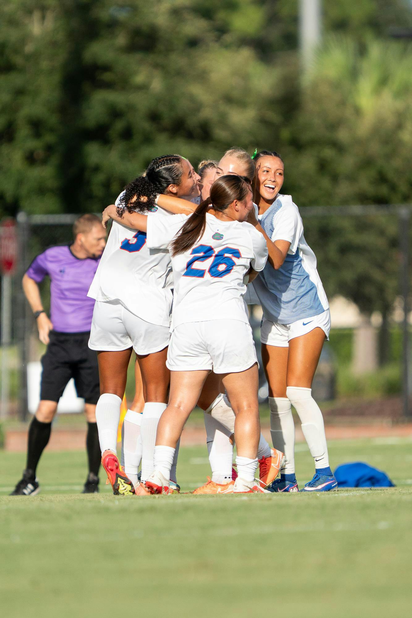 Florida Gator's celebrate together after lead-taking goal scored by forward Zoe Main at Donald R. Dizney Stadium in Gainesville, Fla. Thursday, Aug 27th.