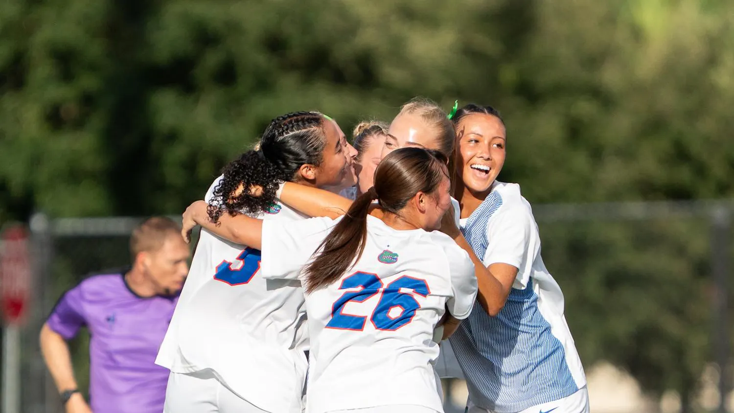 Florida Gator's celebrate together after lead-taking goal scored by forward Zoe Main at Donald R. Dizney Stadium in Gainesville, Fla. Thursday, Aug 27th.