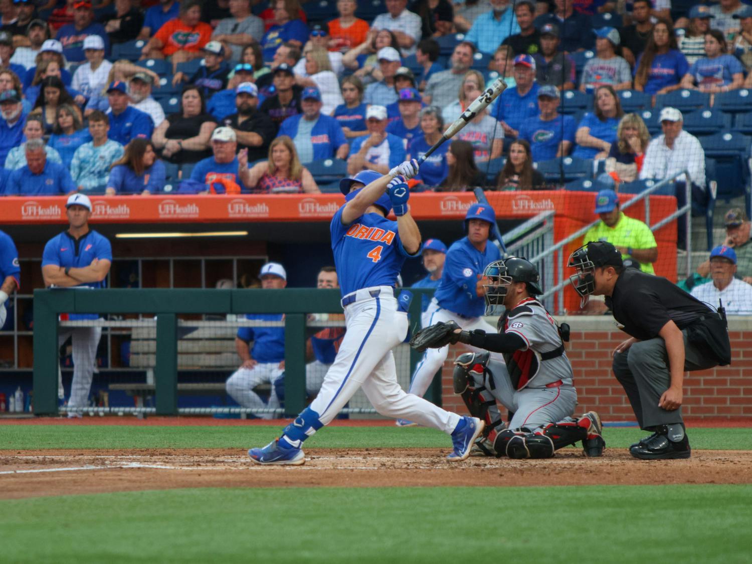 Florida second baseman Cade Kurland swings his bat during the Gators' 2-1 win over the Georgia Bulldogs Saturday, April 15, 2023.