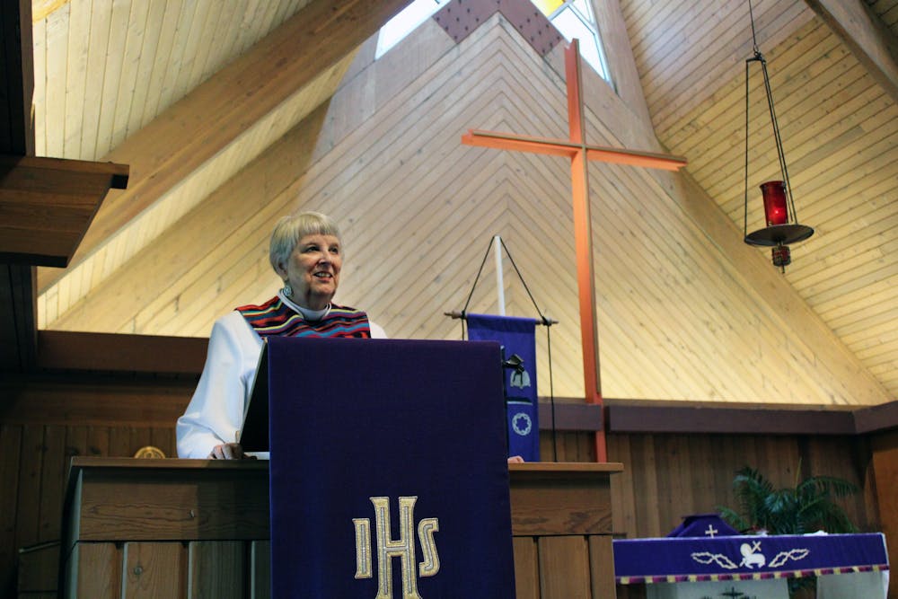 <p>Pastor Lynn Fonfara, 75, stands at the podium at the front of the University Lutheran Church in Gainesville Sunday, March 19, 2023. “There&#x27;s always some personality things that have nothing to do with my being a man or a woman,” she said. “It&#x27;s just the nature of the congregation sometimes is a little funky...around 1990 I started seeing women as pastors. But that&#x27;s 20 years after women were first ordained in ELCA.” </p>