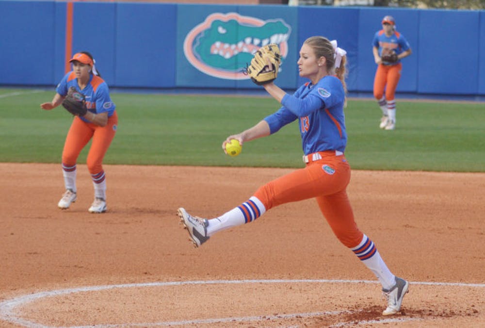 <p>Hannah Rogers pitches during UF’s 8-0 home win against Indiana on Feb. 22. Rogers pitched a shutout and struck out a season-high-tying nine batters during Florida’s 8-0 victory against Texas A&amp;M on Sunday.</p>