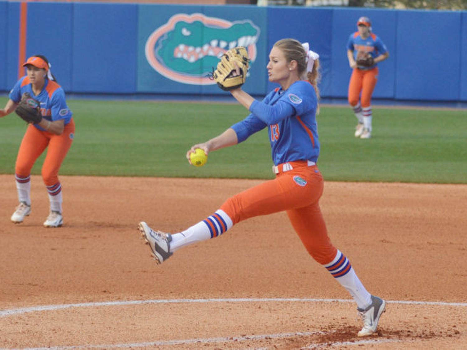 Hannah Rogers pitches during UF’s 8-0 home win against Indiana on Feb. 22. Rogers pitched a shutout and struck out a season-high-tying nine batters during Florida’s 8-0 victory against Texas A&M on Sunday.