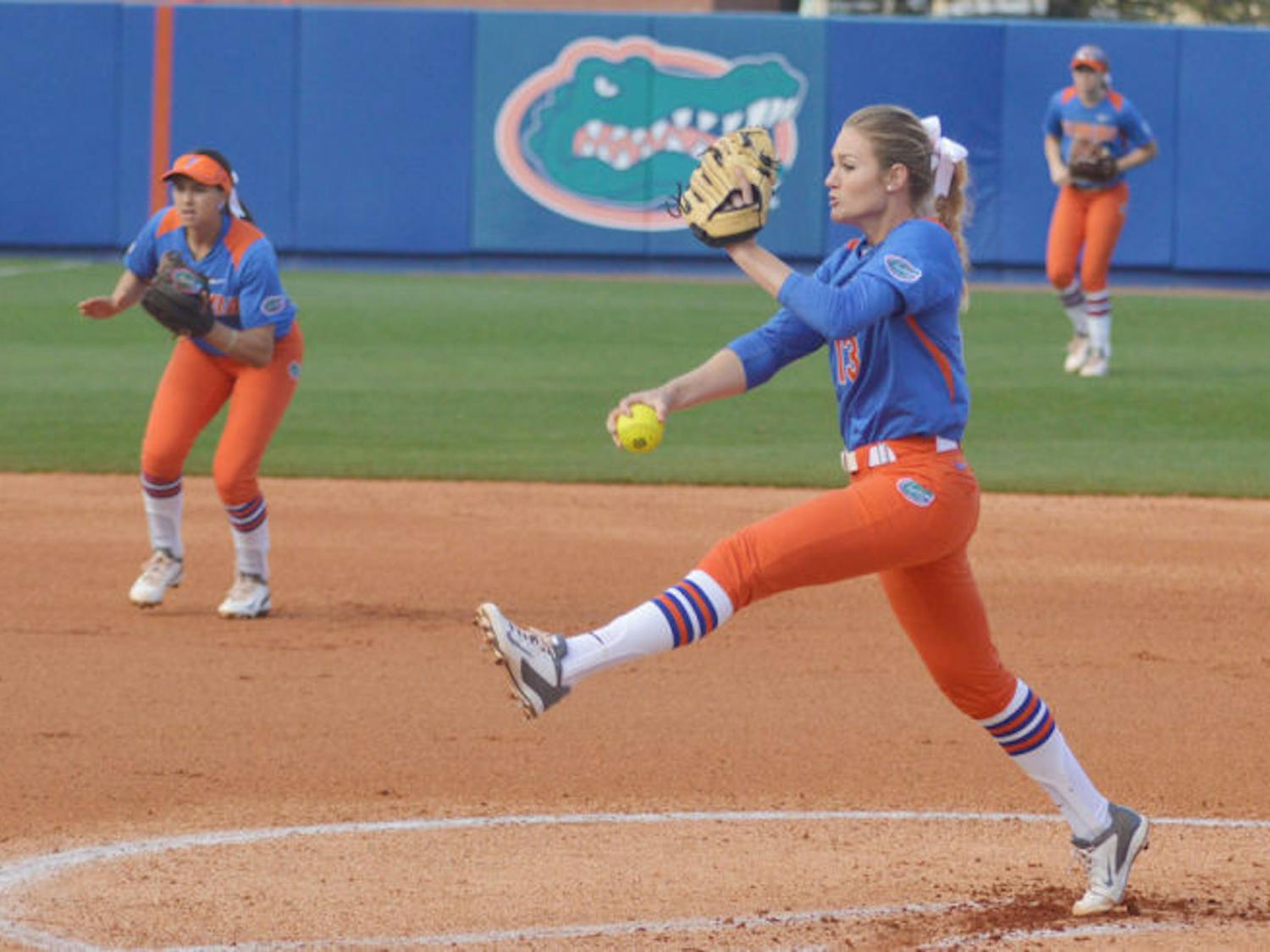 Hannah Rogers pitches during UF’s 8-0 home win against Indiana on Feb. 22. Rogers pitched a shutout and struck out a season-high-tying nine batters during Florida’s 8-0 victory against Texas A&amp;M on Sunday.