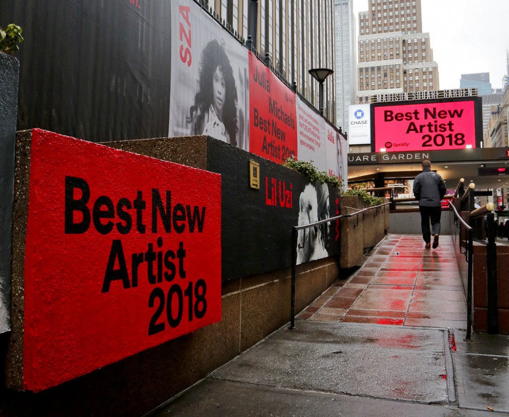 <p>Signs posted around Madison Square Garden promote the return of the Grammy Awards to New York, Tuesday, Jan. 23, 2018, in New York. The Grammy Awards will be held on Sunday. (AP Photo/Bebeto Matthews)</p>