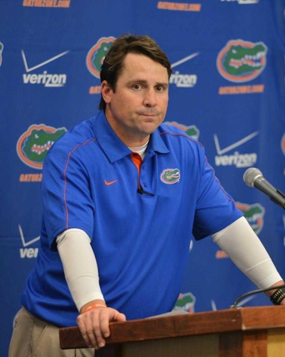 <p>Coach Will Muschamp speaks to the media after Florida’s 17-9 loss to Georgia on Saturday at EverBank Field in Jacksonville. UF dropped to No. 7 in the BCS standings on Sunday.&nbsp;</p>