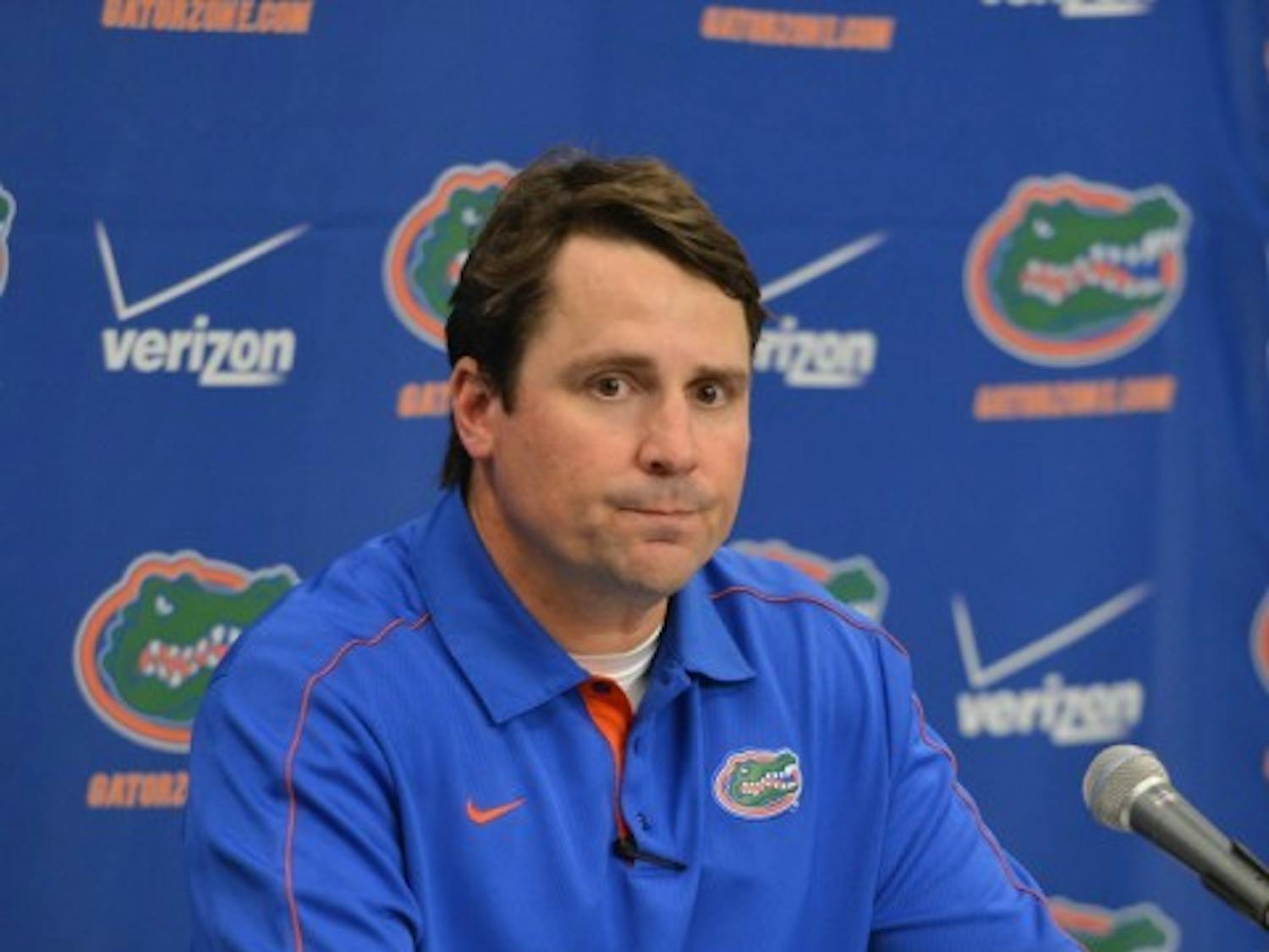 Coach Will Muschamp speaks to the media after Florida’s 17-9 loss to Georgia on Saturday at EverBank Field in Jacksonville. UF dropped to No. 7 in the BCS standings on Sunday.&nbsp;
