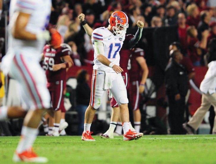 Skyler Mornhinweg walks off the field following an interception late in the fourth quarter of Florida’s 19-14 loss to South Carolina on Saturday at Williams-Brice Stadium in Columbia, S.C. Mornhinweg completed 10 of 13 passes for 107 yards while making his first career start for the Gators.