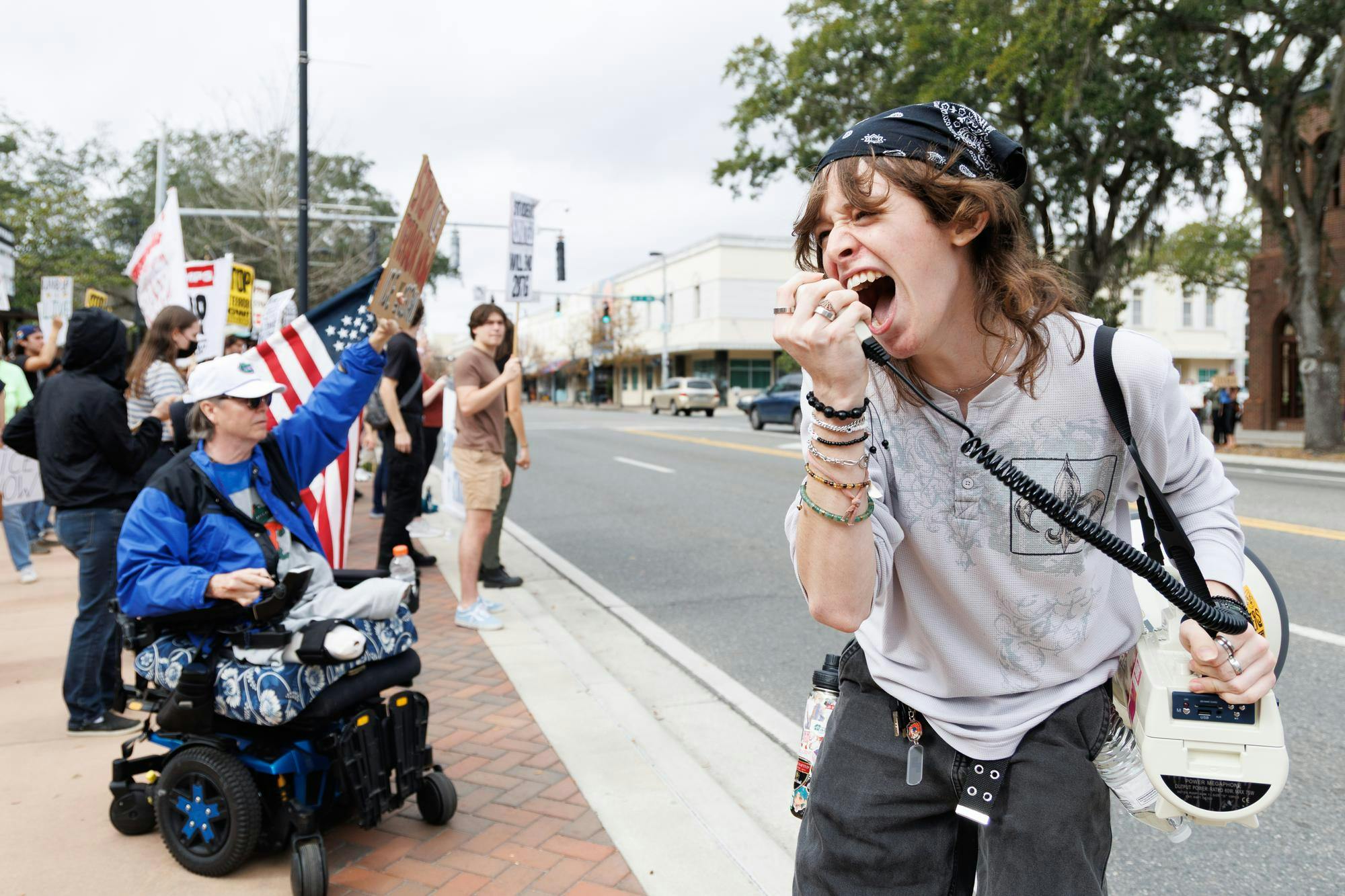 Jason Jaquith leads chants at an ICE protest at the Alachua County Clerk of Court, Sunday, Jan. 25, 2026.