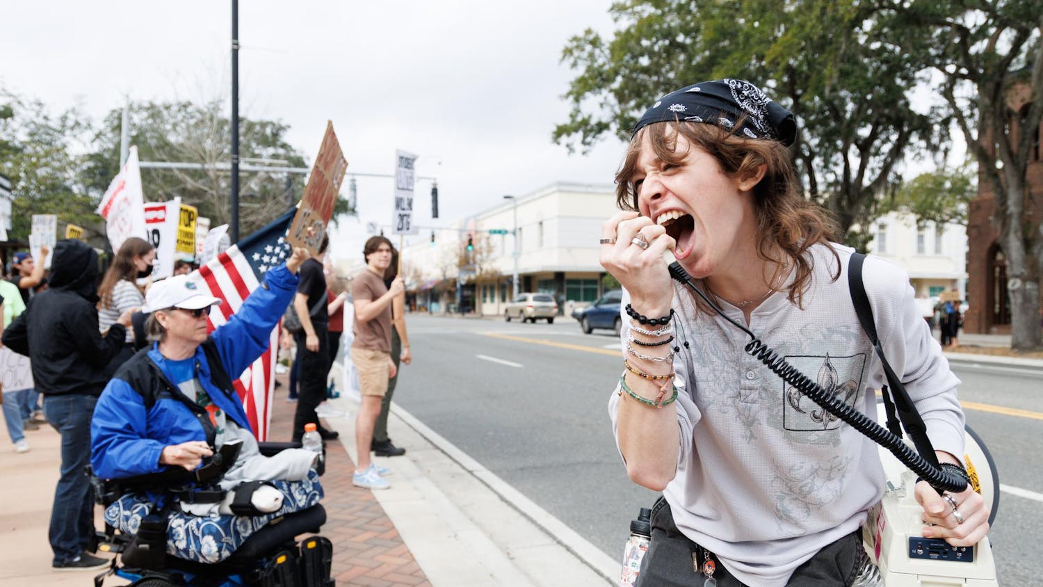 Jason Jaquith leads chants at an ICE protest at the Alachua County Clerk of Court, Sunday, Jan. 25, 2026.