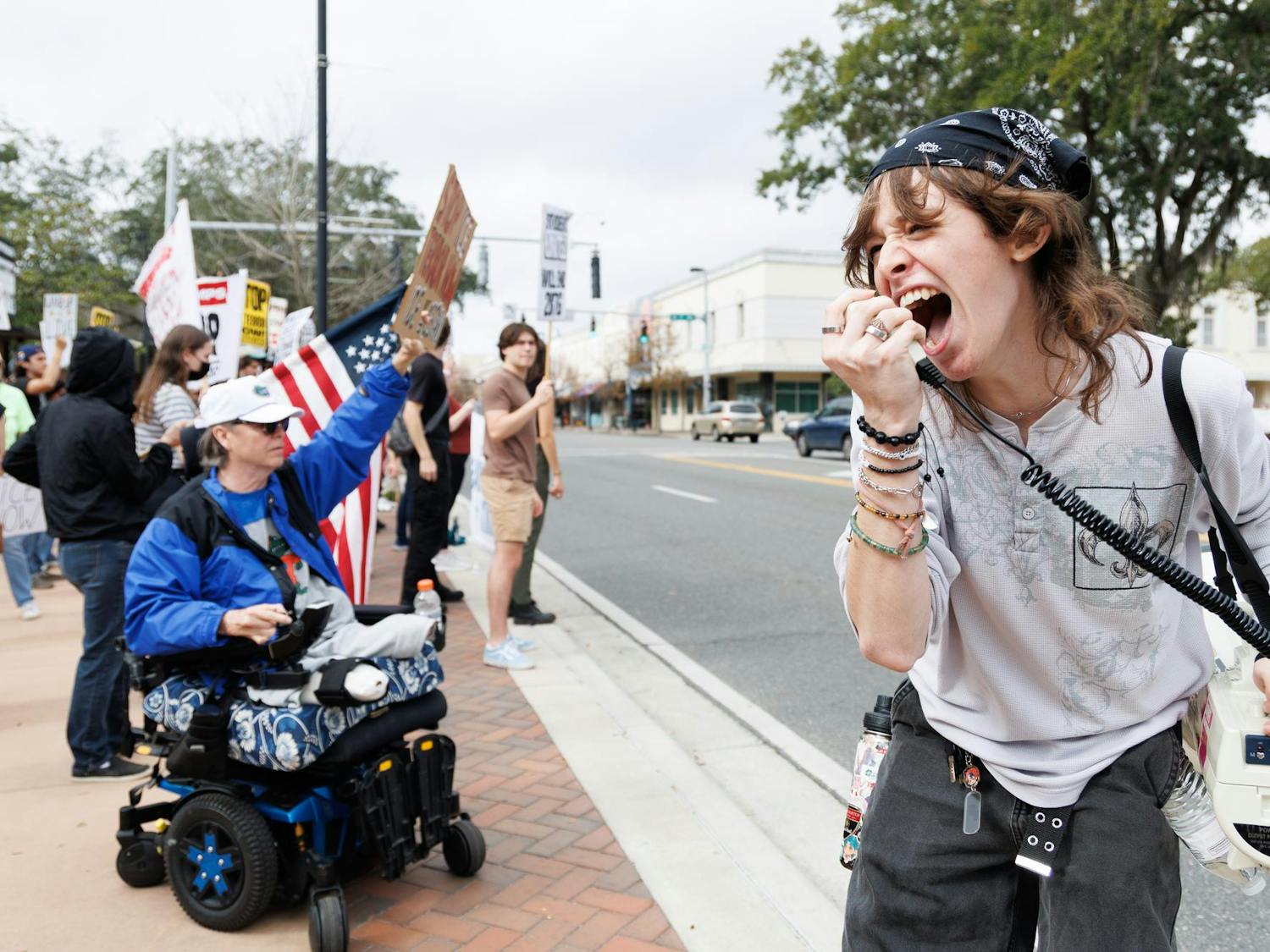 Jason Jaquith leads chants at an ICE protest at the Alachua County Clerk of Court, Sunday, Jan. 25, 2026.