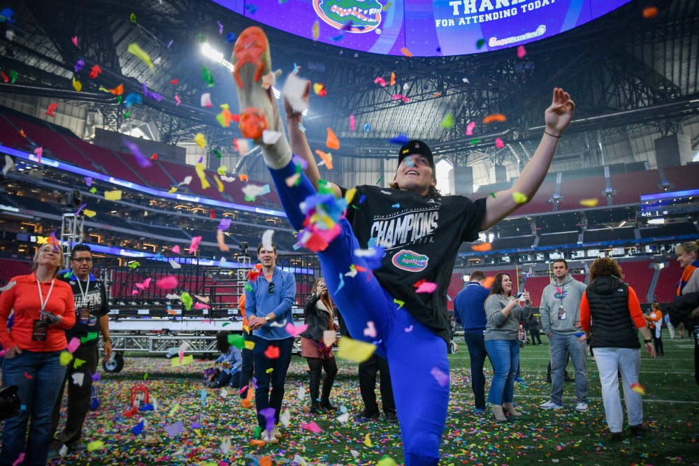 Florida punter Tommy Townsend celebrates after his team knocked off Michigan in the Chick-Fil-A Peach Bowl. It was UF's first New Year's Six bowl victory since 2010.