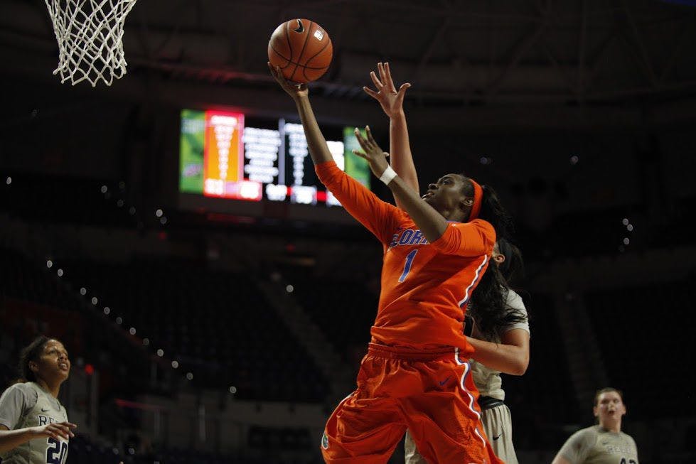 UF forward Ronni Williams attempts a layup during Florida's 84-75 loss to Ole Miss on Feb. 6, 2017, in the O'Connell Center.&nbsp;