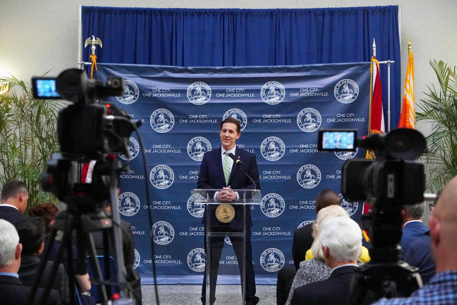 Newly appointed UF President Ben Sasse discusses a plan to open a new graduate campus in Jacksonville during a press conference held at Jacksonville City Hall Tuesday, Feb. 7, 2023.