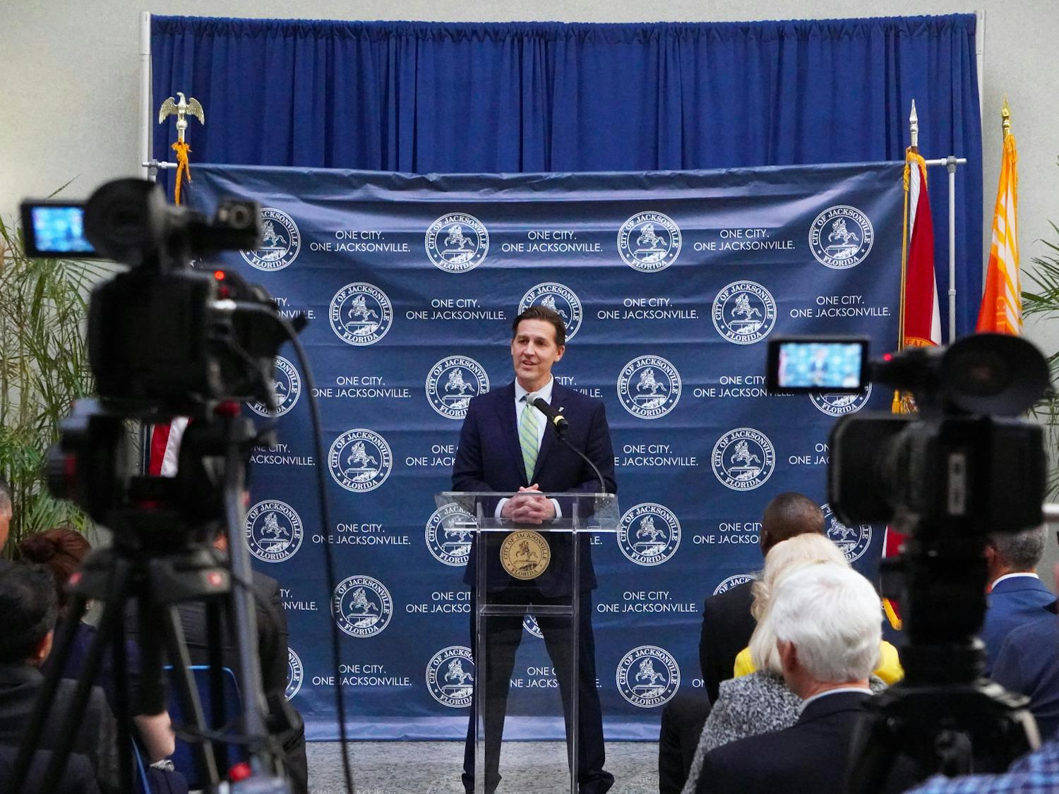 Newly appointed UF President Ben Sasse discusses a plan to open a new graduate campus in Jacksonville during a press conference held at Jacksonville City Hall Tuesday, Feb. 7, 2023.