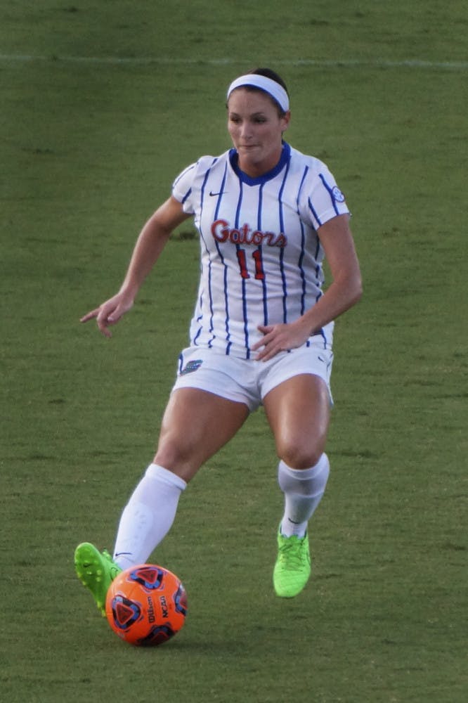 UF forward Brooke Sharp dribbles the ball during Florida's 2-1 loss to Texas A&amp;M on Sept. 10, 2015.
