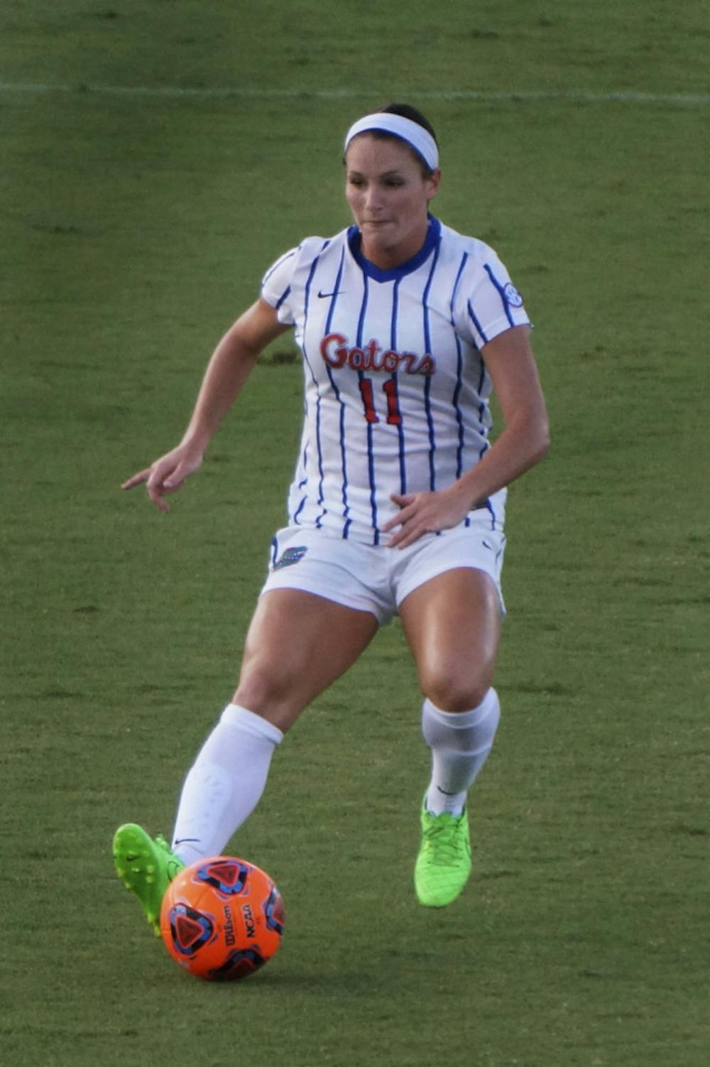 <p dir="ltr" align="justify">UF forward Brooke Sharp dribbles the ball during Florida's 2-1 loss to Texas A&amp;M on Sept. 10, 2015.</p>