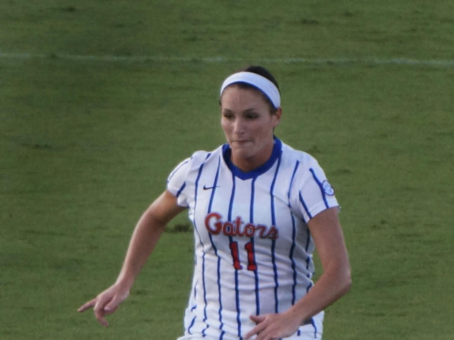 UF forward Brooke Sharp dribbles the ball during Florida's 2-1 loss to Texas A&amp;M on Sept. 10, 2015.