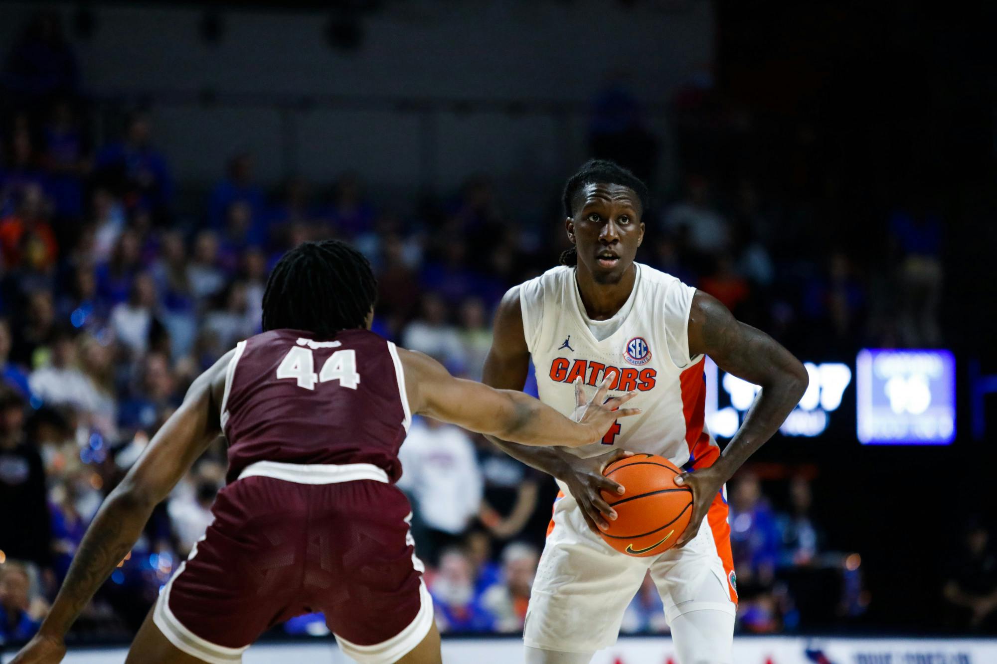 Florida&#x27;s Anthony Duruji holds the ball during a Dec. 6 game against Texas Southern. The senior tallied 14 points in the second half Saturday against Auburn.