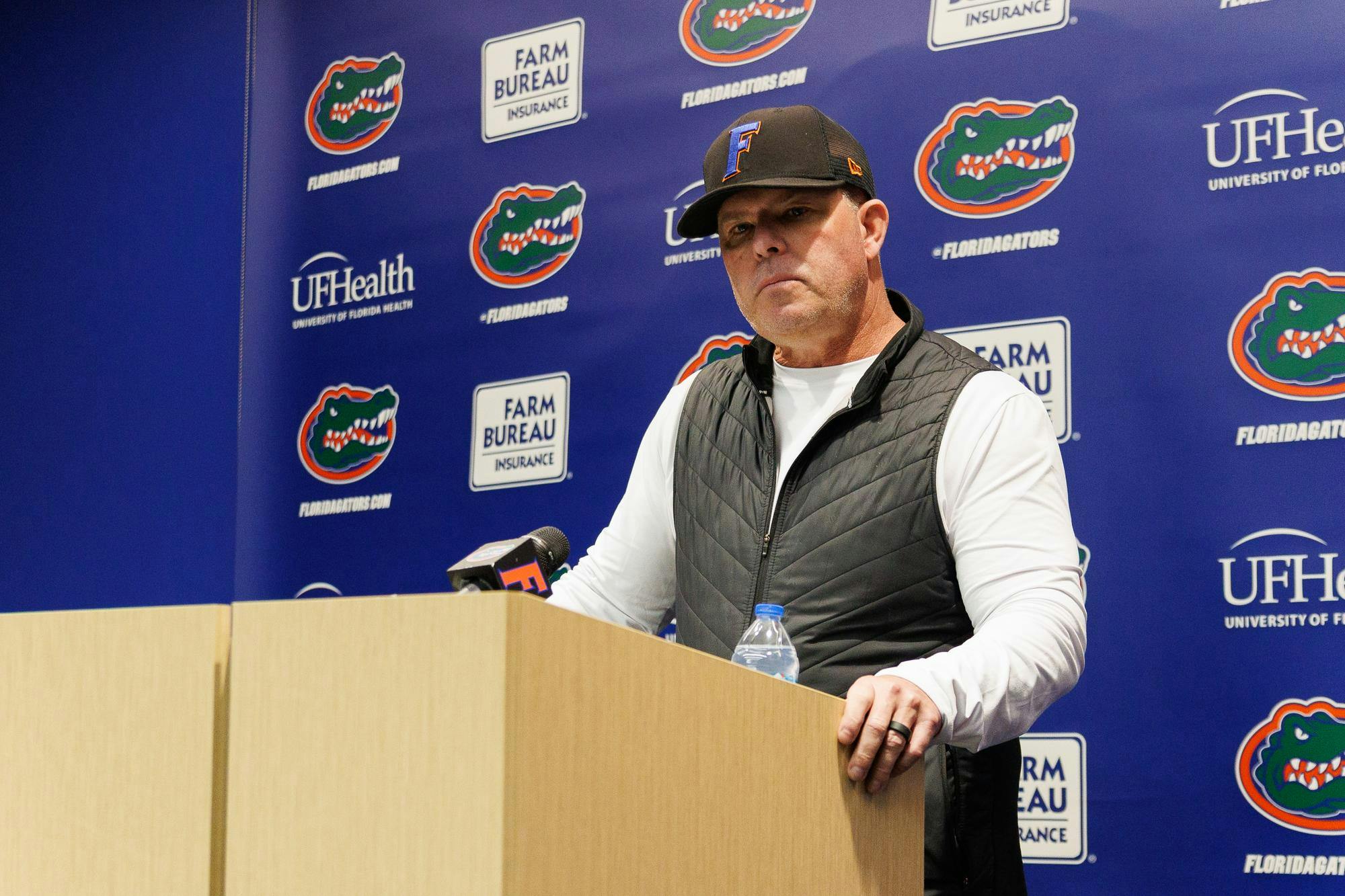 Florida head coach Kevin O’Sullivan speaks during a press conference, Friday, Feb. 6, 2026, in Gainesville, Fla.