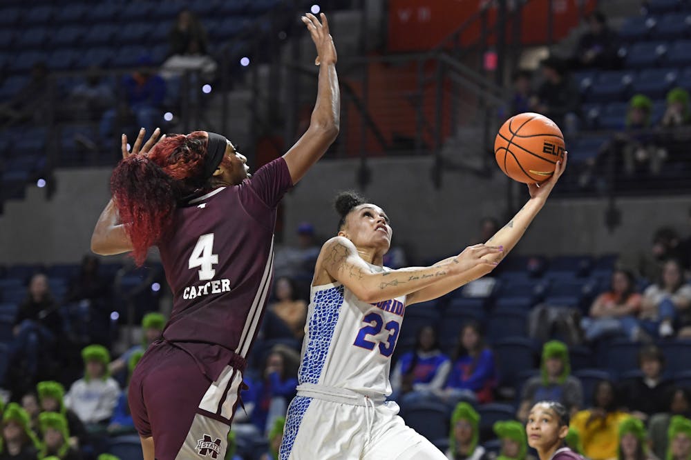 Leilani Correa drives to the hoop in Florida's loss to Mississippi State on Monday, January 22, 2024. Correa recorded a season-high 33 points. 