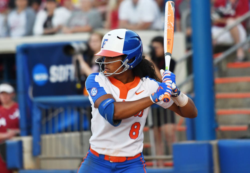 <p>UF's Aleshia Ocasio readies her swing during Florida's 3-0 loss to Alabama in the first game of the NCAA Super Regional on May 25, 2017, at Katie Seashole Pressly Stadium.</p>