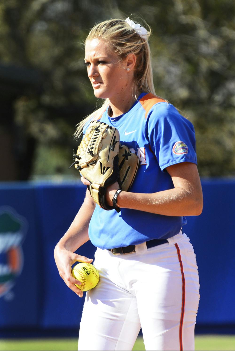 Junior Hannah Rogers waits in the circle during Florida’s 4-2 win against Mississippi State on April 6 at Katie Seashole Pressly Stadium. Rogers threw 288 pitches in 15 innings of work in the Southeastern Conference Tournament last weekend. 