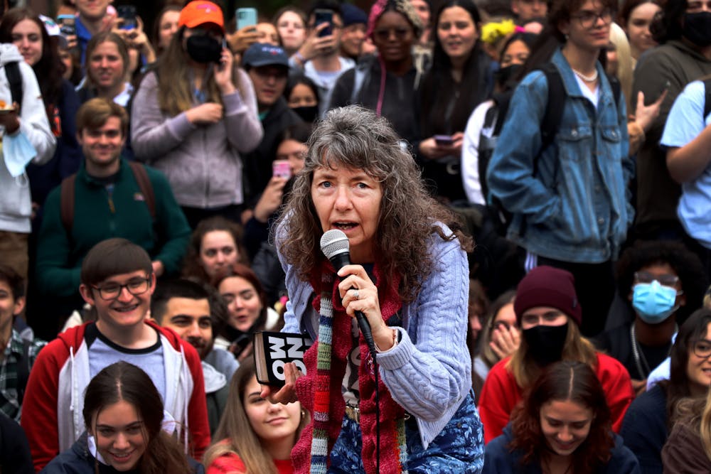 Evangelist Cindy Lasseter Smock, better known as "Sister Cindy" to her TikTok fans, speaks to a crowd of over 500 students at Plaza of the Americas on Monday, Feb. 7. 