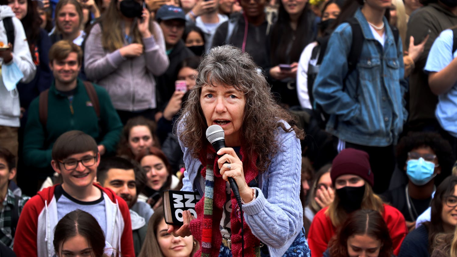Evangelist Cindy Lasseter Smock, better known as "Sister Cindy" to her TikTok fans, speaks to a crowd of over 500 students at Plaza of the Americas on Monday, Feb. 7.